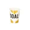 Bright paper cup with gold accents and the bold word 