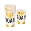Goal-themed disposable paper cups featuring bold black lettering and gold accents, perfect for celebrations and sporting events. Ideal for serving drinks, enhancing party décor, and boosting team spirit.