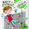 Cheerful illustrated birthday card with a young boy celebrating with colorful decorations, including stars, a balloon with "To an Awesome Cousin," and a playful football goal setting, perfect for kids' birthday greetings.