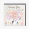 Colorful wedding anniversary card featuring a whimsical tree with pink and pastel balloons, celebrating love and happiness for special occasions.