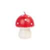 Vegan mushroom-shaped candle with red cap and white polka dots, decorative fire-safe accessory for home decor and special occasions.