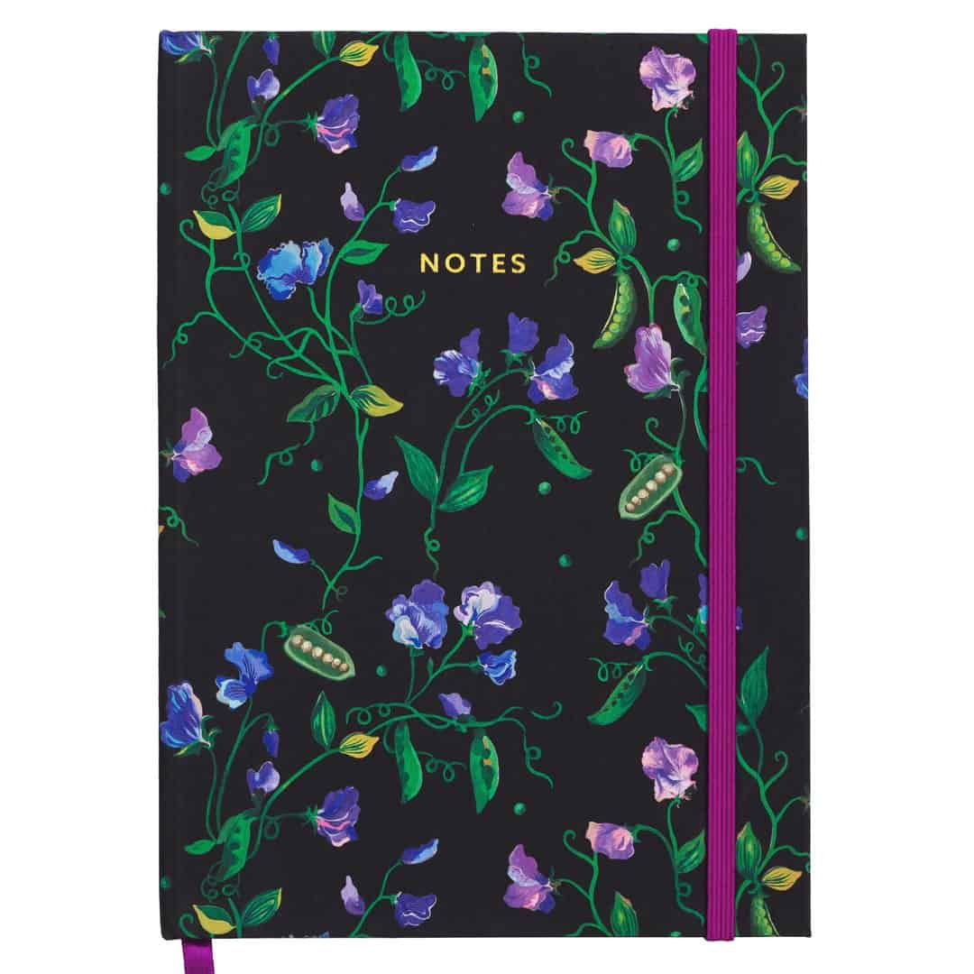 Notebook with floral vine design and "NOTES" text in gold, perfect for writing, journaling, or note-taking, stylish planner accessory, floral notebook with elastic band closure for daily use.