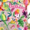 Colorful watercolor illustration of parrots and tropical flowers on a pink background with "Happy Birthday" text, perfect for greeting cards and birthday celebrations.