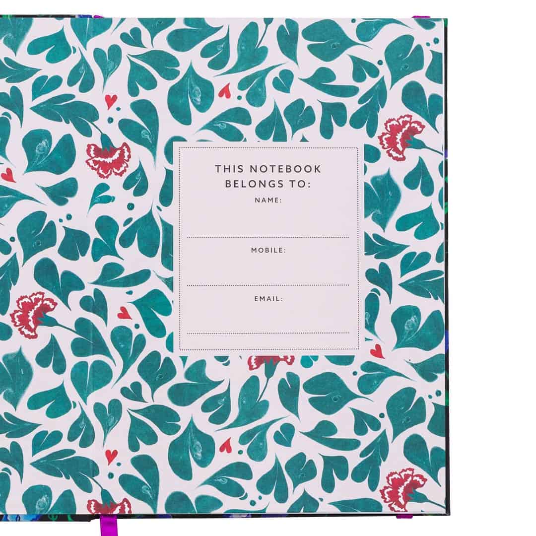 Bright floral-themed notebook with teal leaves, red flowers, and small heart accents, featuring customizable name, mobile, and email fields for personal organization or gifting.