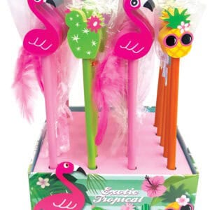 Bright pink flamingo themed pens with tropical fruit and cactus decorations, perfect for summer stationery and party favors.