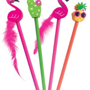 Flamingo and pineapple themed novelty pens with colorful feathers and fun designs, perfect for stationery, gifts, or party favors.