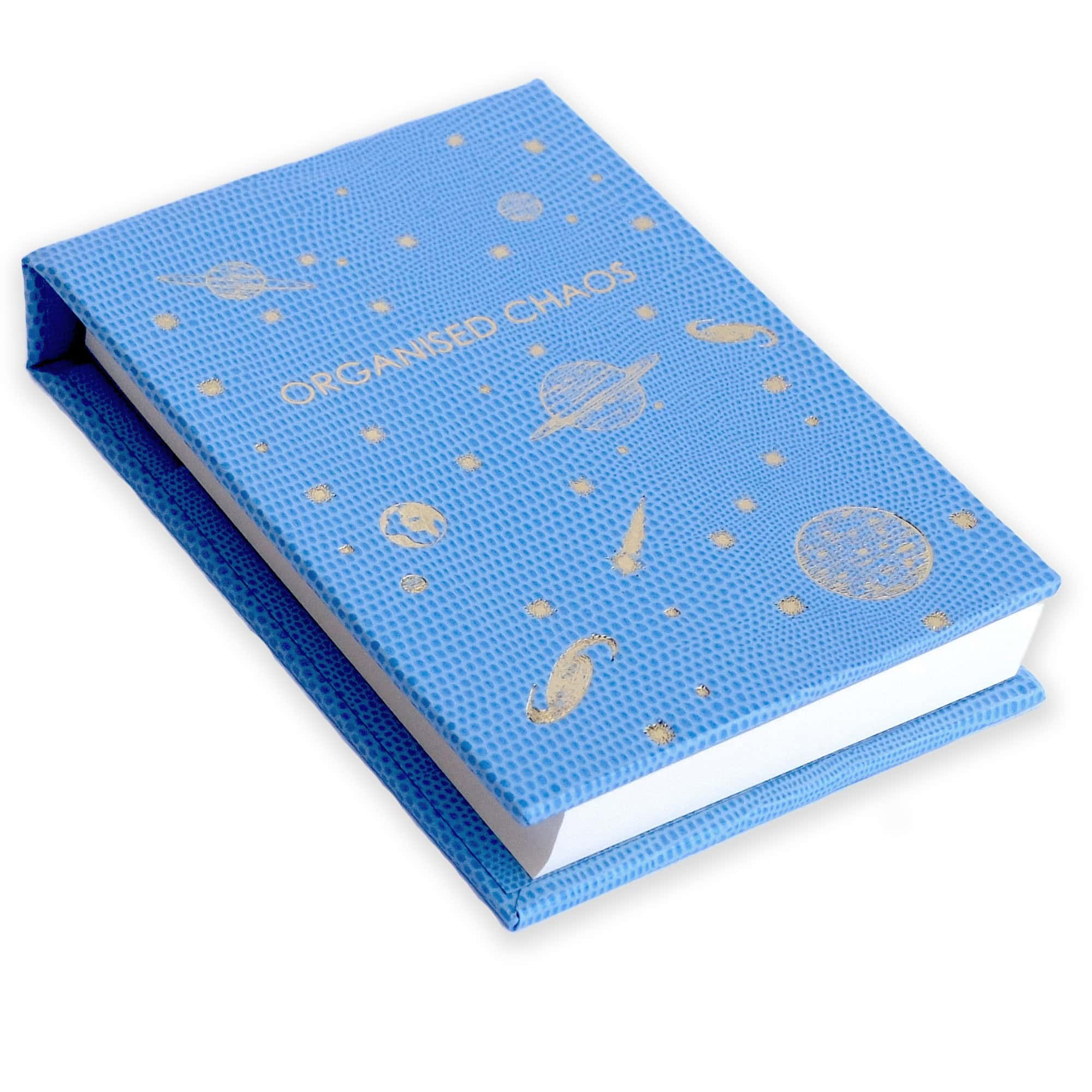 Bright blue wallet with gold printed space-themed design and "Organised Chaos" text, trendy and functional accessory for space lovers and organizers.