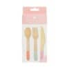 Wooden eco-friendly cutlery set with pastel-colored handles, including spoon, fork, and knife, perfect for sustainable dining and environmental-conscious lifestyles.