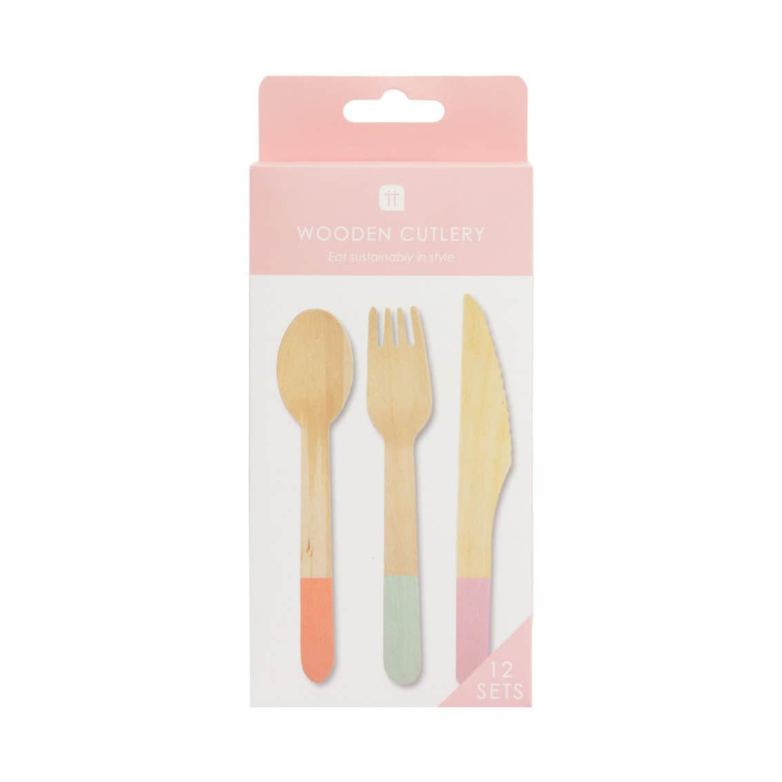 Wooden eco-friendly cutlery set with pastel-colored handles, including spoon, fork, and knife, perfect for sustainable dining and environmental-conscious lifestyles.