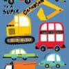 Colorful illustrated vehicles including a dump truck, taxi, police car, excavator, and more, designed for children’s birthday party decor at The Wraperie with a construction theme.