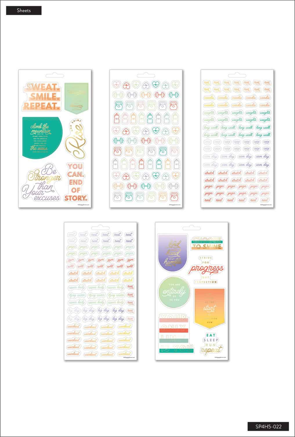 Bright motivational stickers featuring health and wellness quotes, fitness icons, and inspirational messages to encourage a healthy lifestyle, perfect for planners, journals, and scrapbooks.