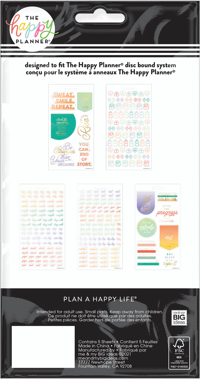 Bold colorful motivational stickers for The Happy Planner, promoting a positive mindset and goal achievement, designed to fit The Happy Planner disc bound system for customizable planning.