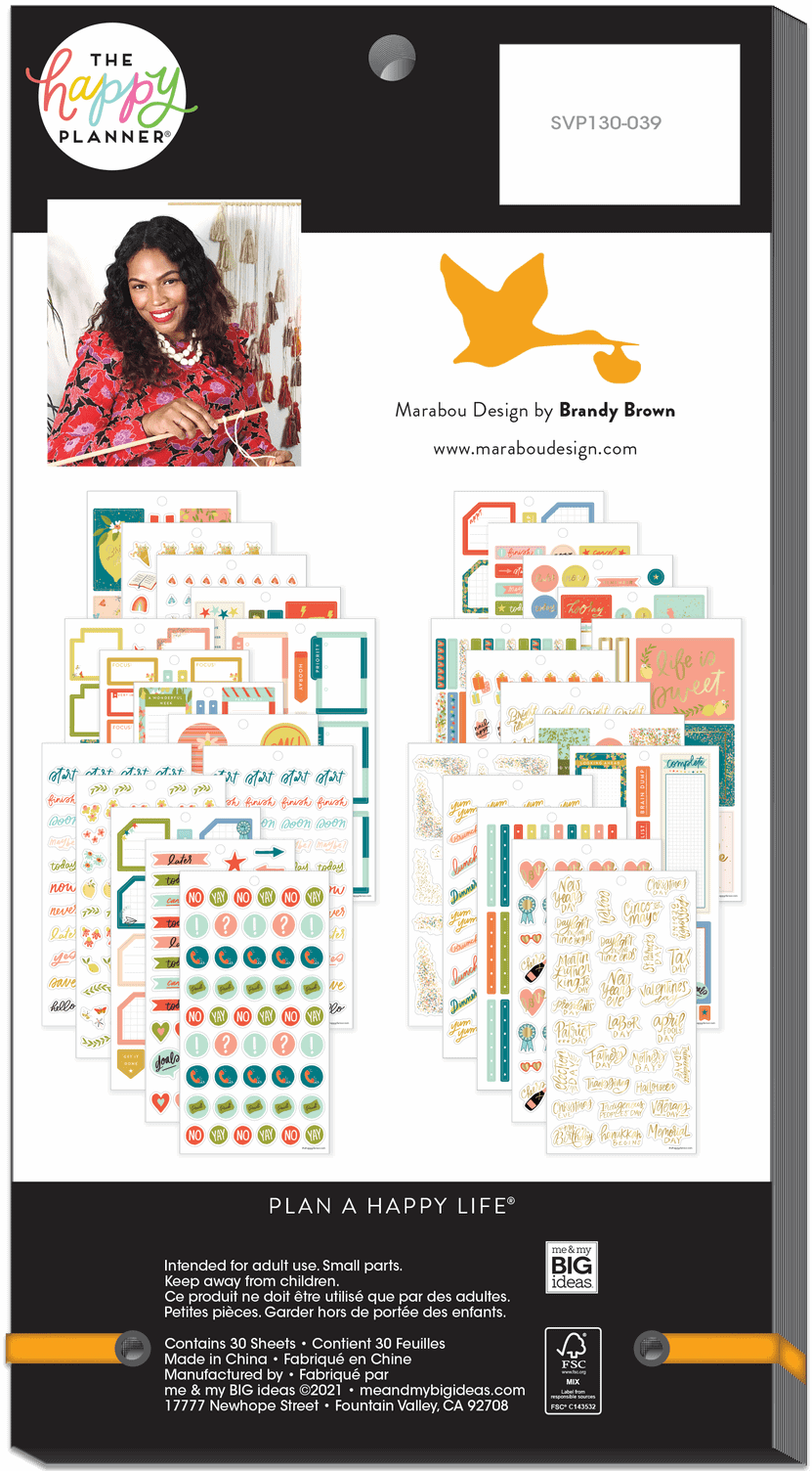 Planner stickers sheet for decorating and journaling, featuring bright colors and motivational phrases, ideal for planners and scrapbook projects.