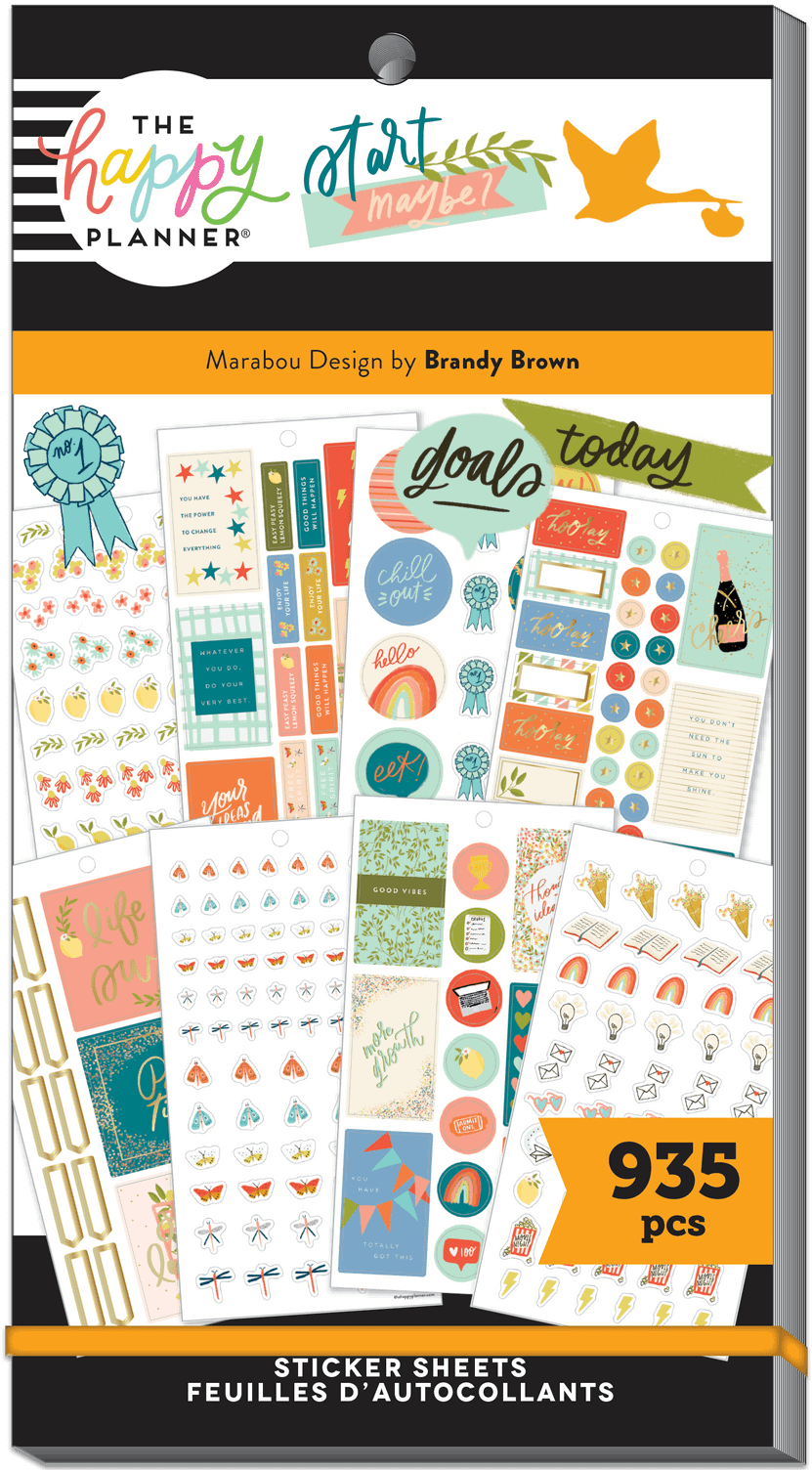 Bright and colorful sticker sheets featuring motivational quotes, notebooks, rainbows, and uplifting designs perfect for planners, scrapbooks, and creative projects. Over 935 stickers included.