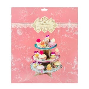 Colorful 3-tier cupcake stand with decorative cupcakes for special occasions, featuring floral and elegant designs, perfect for hosting parties or celebrating birthdays.