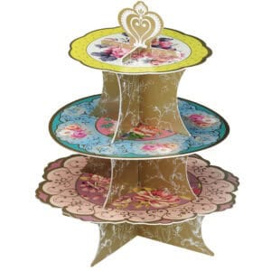 Colorful four-tiered dessert stand with floral and ornate designs, ideal for displaying treats at parties or special events. Perfect for elegant presentation of pastries, cakes, and sweets.