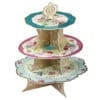 Vintage floral cupcake stand, three-tiered decorative serving tray with colorful floral patterns, perfect for parties, weddings, and special occasions. Elegant and functional display holder for desserts and treats.