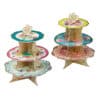 Colorful, three-tiered cupcake wrapper display stand, perfect for bakery or party decoration, featuring floral and heart designs, made of sturdy cardboard with vibrant prints.