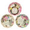 Elegant decorative paper plates featuring vintage-inspired illustrations, floral accents, and pastel hues, perfect for whimsical tea parties and garden gatherings.