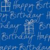 Bright blue birthday wrapping paper with handwritten "Happy Birthday" and gift box illustrations, perfect for celebration gift wrapping and party decoration backgrounds.