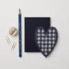 - Blue checkered fabric heart sticker, decorative craft embellishment, ideal for DIY projects, greeting cards, and scrapbooking. Perfect for adding a touch of charm to creative designs.