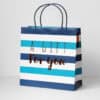 Gift bag with blue and white horizontal stripes, featuring the text "A GIFT For you" in stylish fonts, perfect for present wrapping and special occasions.
