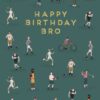 Cyclists and athletes celebrating on a teal background for birthday greeting, emphasizing active lifestyle and sports themes.