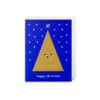 Blue Christmas greeting card with gold smiling tree and white snow dots, perfect for holiday wishes and festive celebrations.