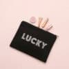 Lipstick, makeup brush, blush, cosmetic pouch, LUCKY written on black zippered bag.