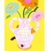Colorful Mother's Day card featuring a floral illustration in a pink vase with bees and butterflies on a yellow background, perfect for celebrating mothers.