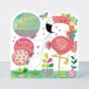 Colorful birthday card featuring a pink flamingo holding balloons with cheerful floral accents, perfect for celebrating birthdays and special occasions.