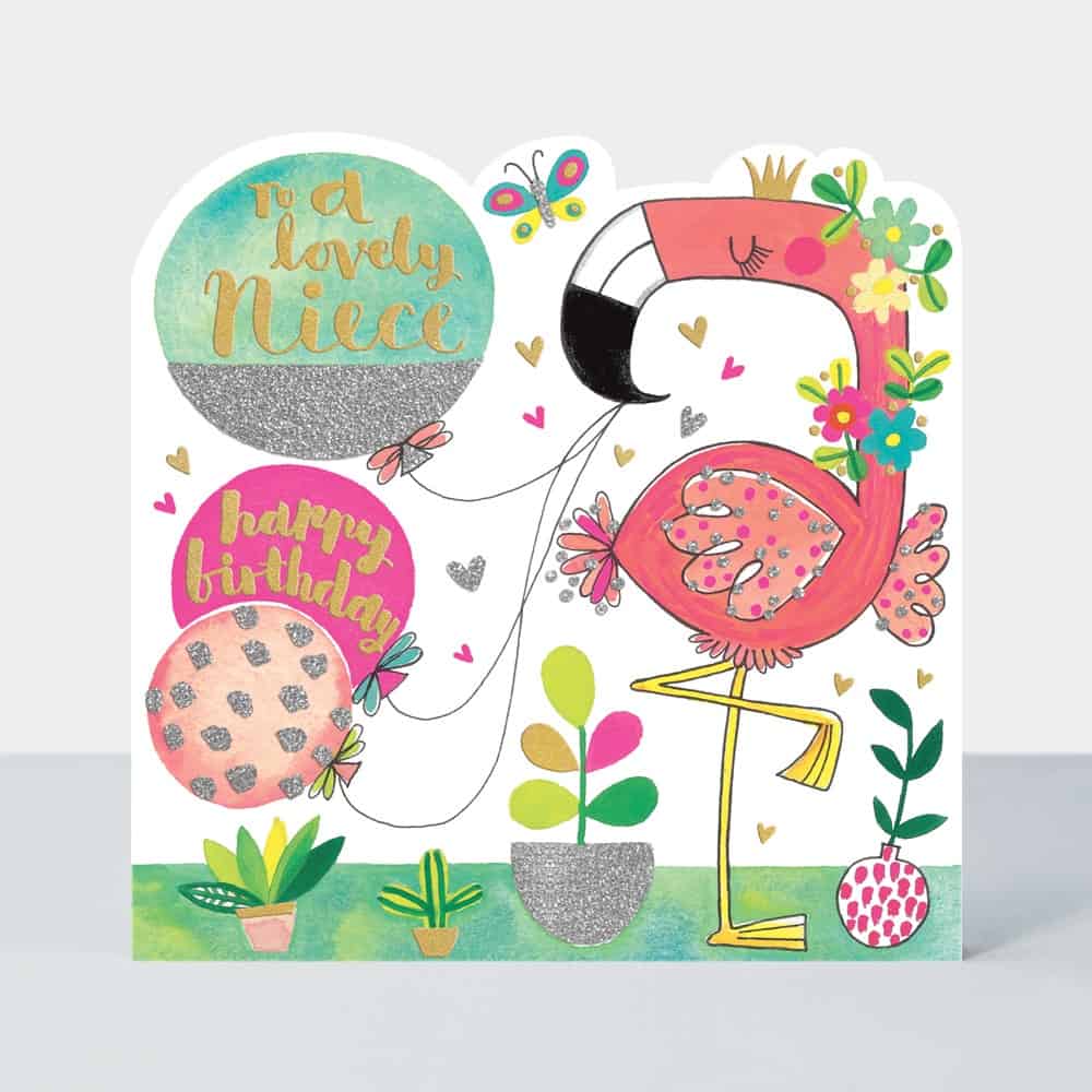 Colorful birthday card featuring a pink flamingo holding balloons with cheerful floral accents, perfect for celebrating birthdays and special occasions.