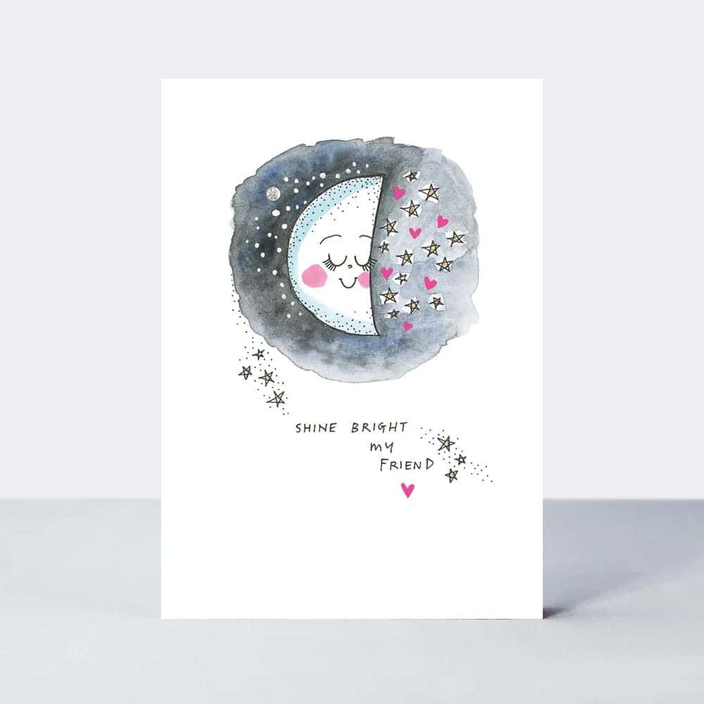 Moon and star greeting card with cute illustration and heartfelt message for friends.