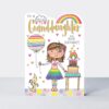 Colorful birthday card for granddaughter featuring rainbow, cake, and cute girl illustration, perfect for celebrating her special day with cheerful designs.