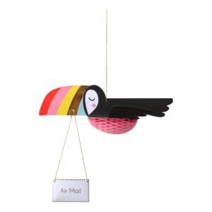 Colorful toucan bird-shaped paper mail holder and note dispenser, hanging on a string, ideal for organizing letters and messages with a fun and whimsical design.