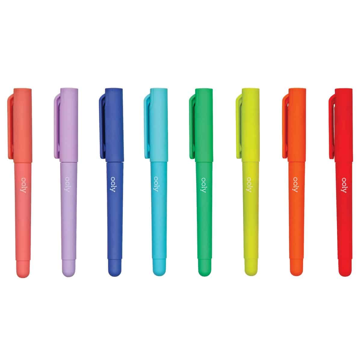 Bright colorful Ooly gel pens in shades of pink, purple, blue, green, yellow, and orange, perfect for creative writing and doodling.