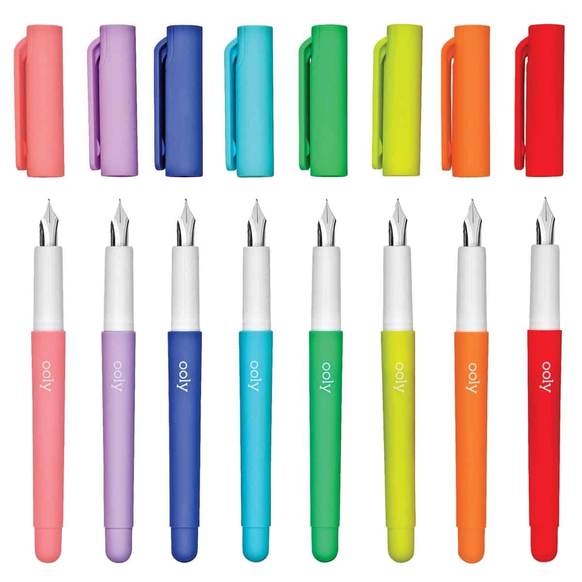 Vibrant colorful rainbow-themed pens and markers with matching caps, stationery stationery supplies, artistic writing tools, perfect for note-taking and creative projects.