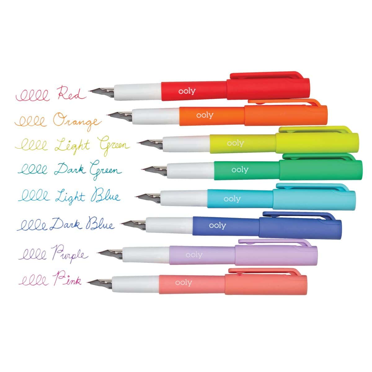 Colorful Ooly gel pens with matching ink for vibrant writing and drawing, displayed in red, orange, yellow, green, blue, purple, and pink. Perfect for artistic, creative projects and note-taking.