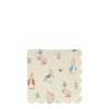 Delicate paper napkin featuring whimsical Easter bunny and duck illustrations with spring flowers, perfect for holiday celebrations, picnics, or festive table settings.