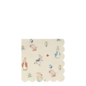 Delicate paper napkin featuring whimsical Easter bunny and duck illustrations with spring flowers, perfect for holiday celebrations, picnics, or festive table settings.
