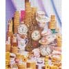 Colorful cake and tea cup puzzle with vintage clocks, stacked cookies, and ornate teaware, perfect for food lovers and puzzle enthusiasts.