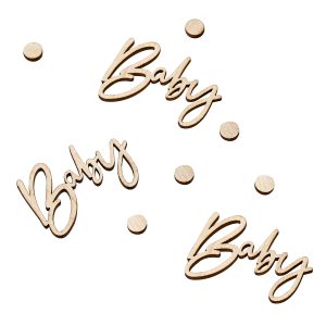 Baby, baby wooden cutouts with scattered wooden dots for baby shower or nursery decor.