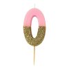 Pink and gold glitter number zero candle for birthday celebrations, party decor, and special events. Perfect for cakes, cupcakes, or as a decorative accent for festive occasions. Bright and glamorous design.