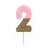 Pink and gold number 2 birthday candle with glitter detail, ideal for celebrations.