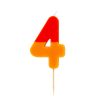 Colorful birthday candle shaped like the number 4, perfect for celebrations and special occasions. Bright orange and red tones with a white wick, mounted on a wooden stick.