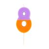 Colorful number 8 birthday candle with purple and orange sections for celebrations and special occasions.