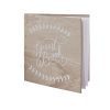 Wooden guest book with white calligraphy and floral design, perfect for weddings and special events. Customizable sign-in book for guests to leave heartfelt messages and memories.