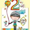 Cute birthday card illustration featuring a joyful young boy dressed as a knight holding a colorful balloon with the number 2, decorated with stars, clouds, and playful elements for a 2nd birthday celebration.