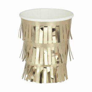 Shimmering gold metallic paper cup holder with fringe design, perfect for party events and celebrations. Adds a stylish touch to cocktail glasses or drink cups for festive occasions.