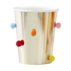 Colorful paper cup with decorative pom-poms, perfect for parties and celebrations.